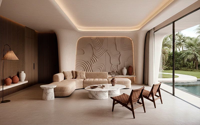 Interior de lujo con formas orgánicas y texturas sofisticadas según las tendencias de interiorismo de 2026