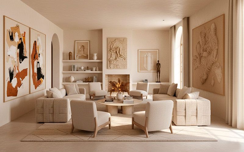 Interiorismo de lujo con integración de arte, iluminación elegante y mobiliario exclusivo
