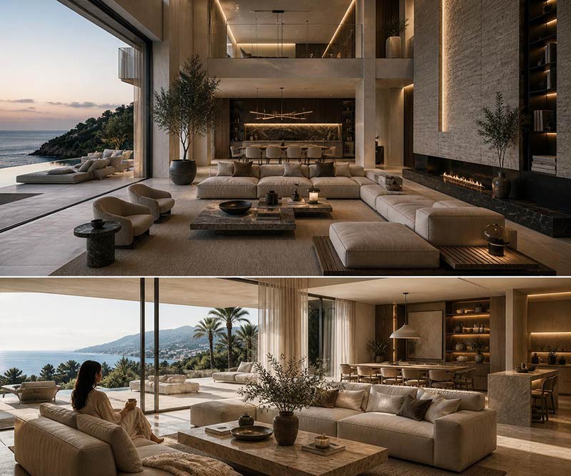 Villa de lujo con interiorismo atemporal y vistas al mar