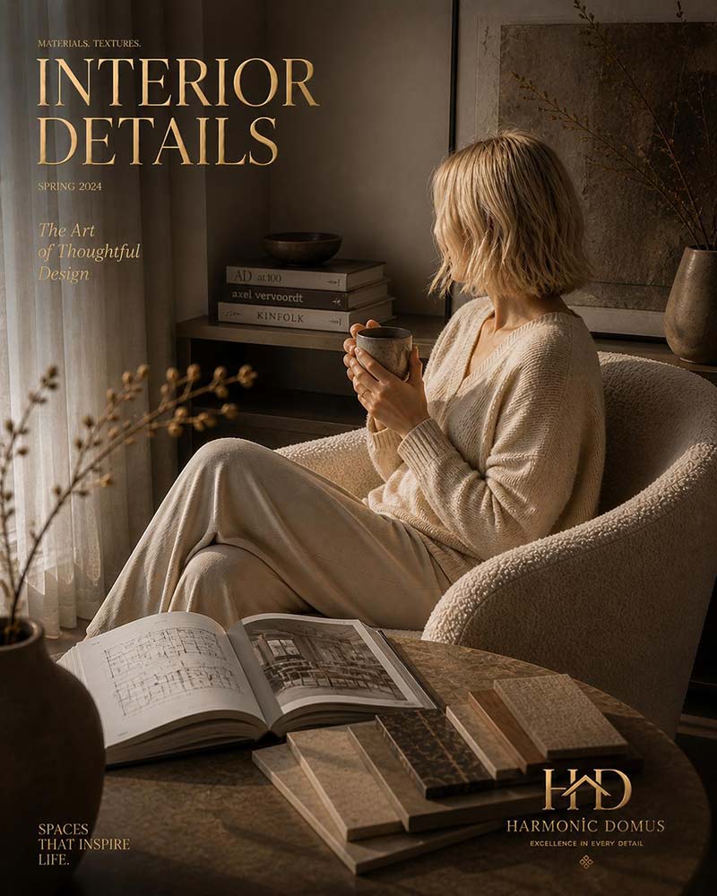 Mujer disfrutando de un salón de interiorismo atemporal con ambiente cálido y elegante