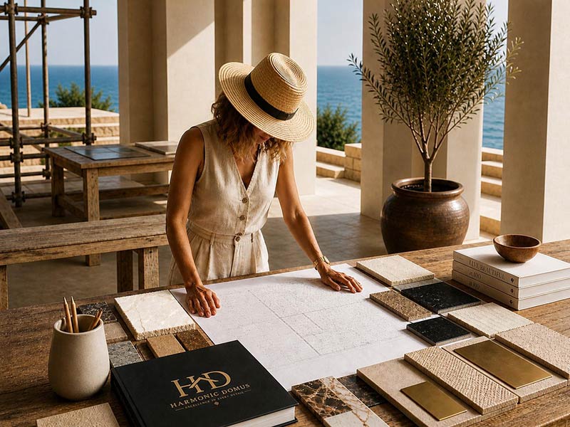 Interiorista revisando planos y materiales para crear un interiorismo atemporal