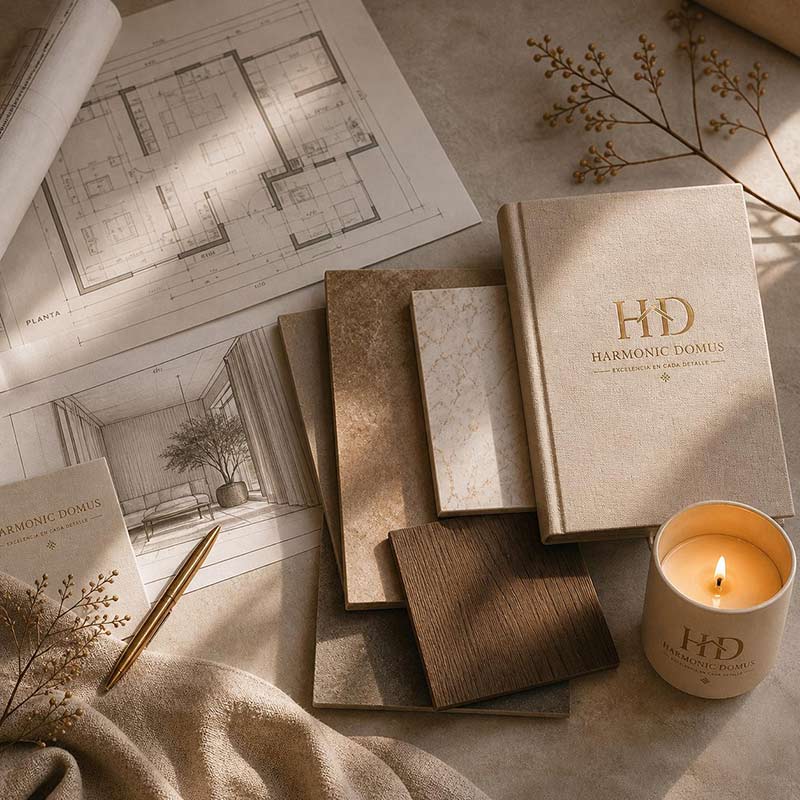 Muestras de materiales para crear espacios de interiorismo atemporal y elegante