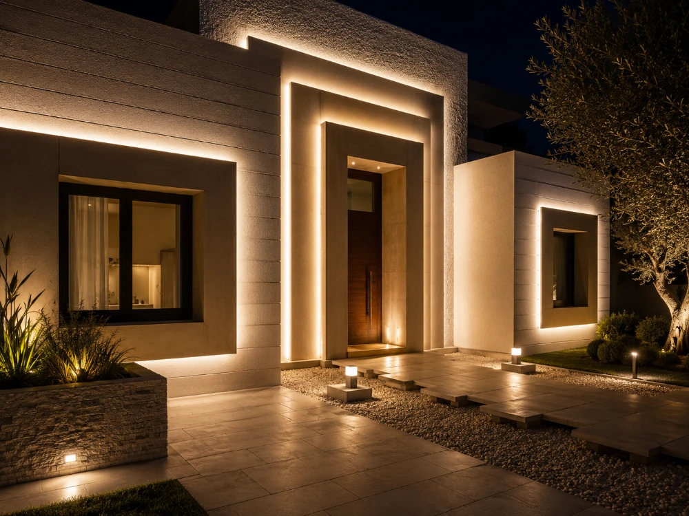 Iluminacion arquitectonica destacando texturas de piedra natural en marbella