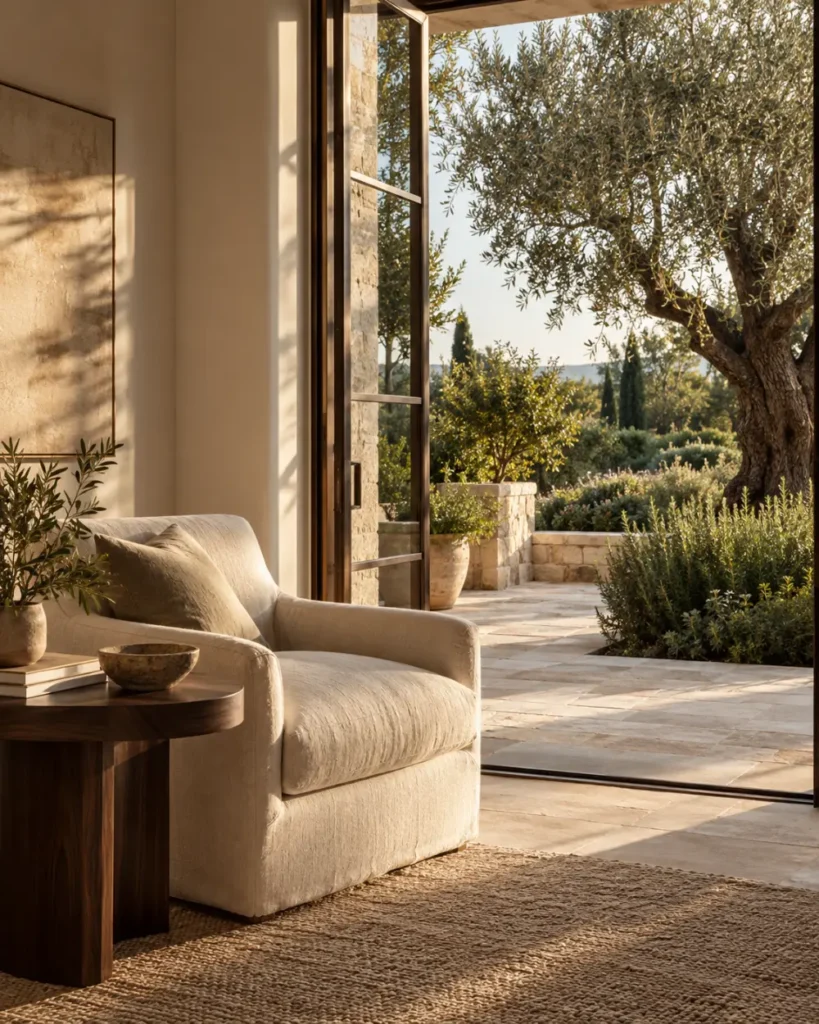 Diseño exterior sostenible en terraza con acabados naturales y arquitectura contemporanea